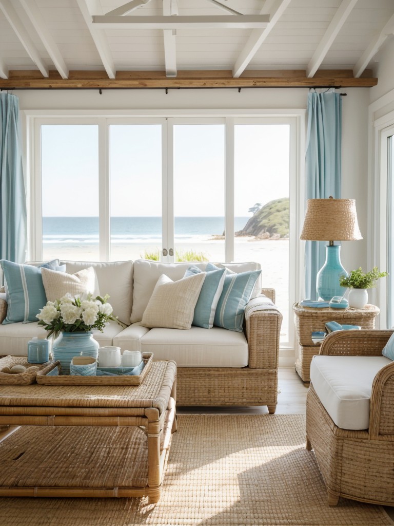 Designing a coastal-themed living room with light and airy furniture, natural materials like rattan and jute, and a color palette inspired by the seaside, for a relaxed and beachy feel.