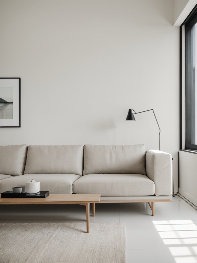 Designing a modern and minimalist living room with low-profile furniture, clean lines, and a neutral color palette to create a calm and serene ambiance.