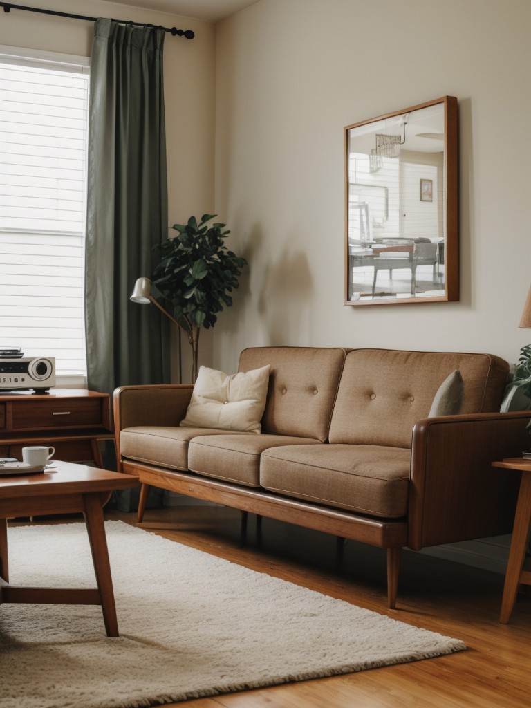 Incorporating a vintage vibe into your living room with retro-inspired furniture, like a mid-century modern sofa, vintage side tables, and a retro record player.