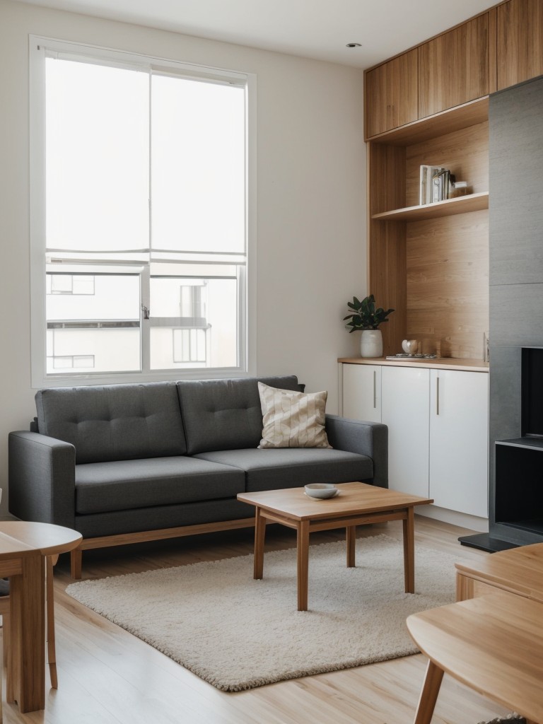 Maximizing small living room space with multifunctional furniture, such as a sofa with built-in storage and a coffee table that doubles as a dining table.