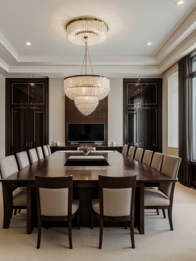 Executive-style apartment living room with a large desk, comfortable seating for meetings, and luxurious finishes for a sophisticated atmosphere.