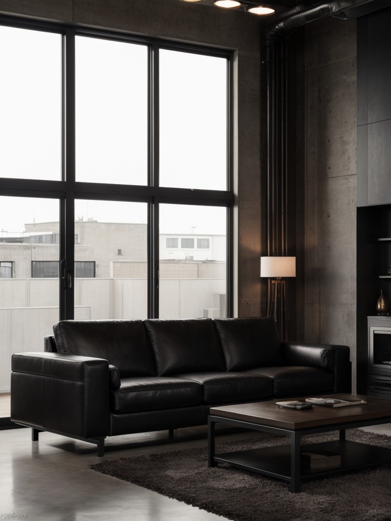 Masculine and contemporary bachelor pad with sleek leather furniture, dark color palette, and industrial accents.