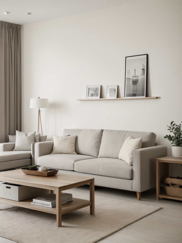 Minimalist living room with clean lines, neutral tones, and smart storage solutions for a clutter-free space.