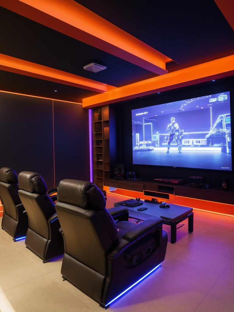 Modern gaming room with a large gaming console setup, comfortable gaming chairs, and neon lighting for an immersive experience.