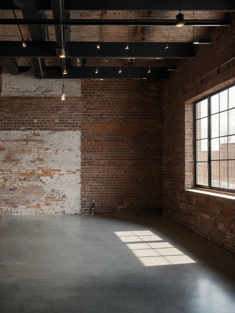 Modern industrial loft-style space with exposed brick walls, high ceilings, and statement lighting fixtures.