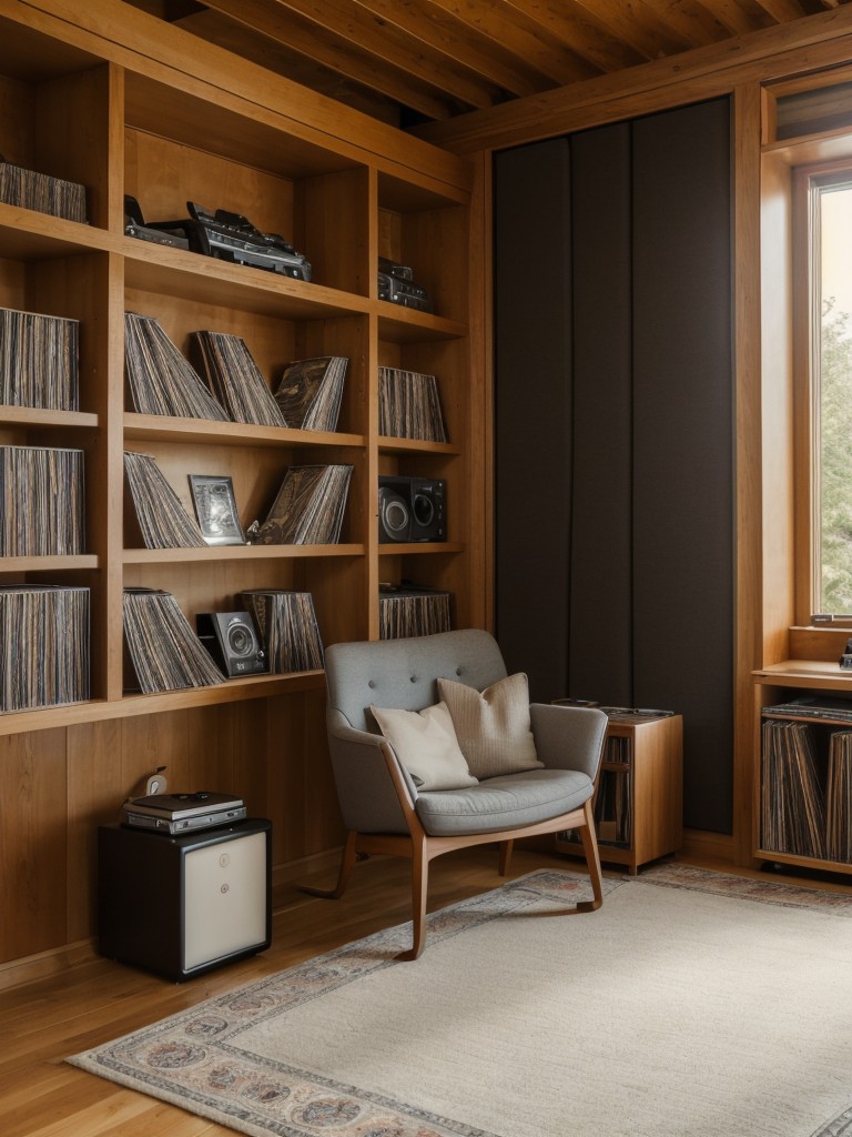 Music lover's den with a collection of vinyl records, a cozy reading corner with a guitar, and soundproofing for the ultimate listening experience.