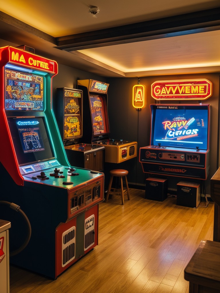 Retro gaming room with vintage arcade machines, neon signs, and a retro gaming console setup for a nostalgic gaming experience.