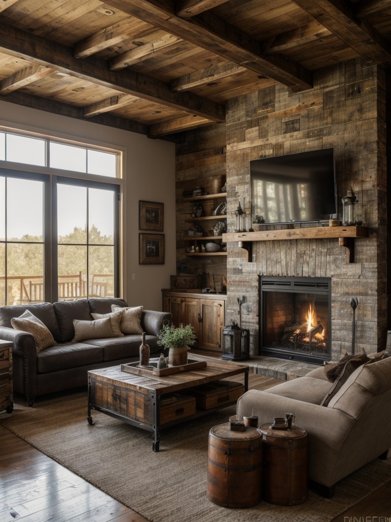 Rustic industrial living room with distressed wood furniture, metal accents, and a cozy fireplace for a warm ambiance.