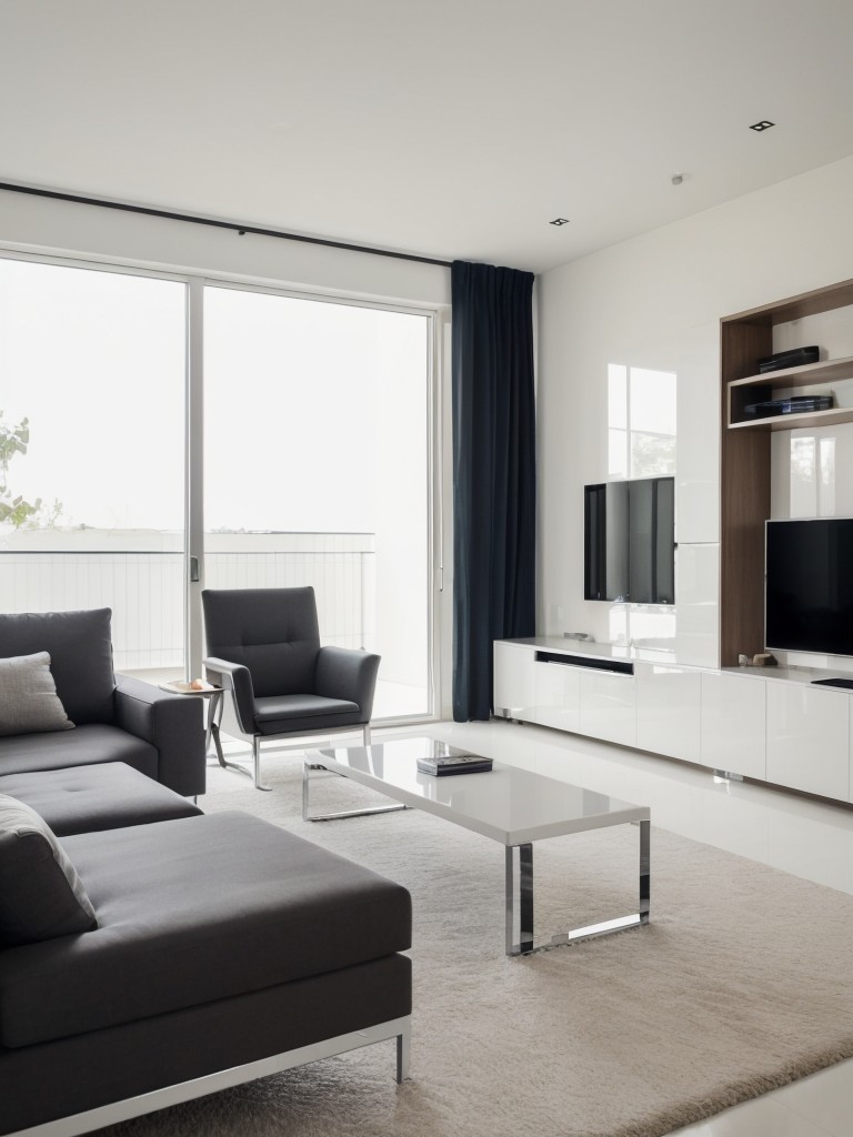 Sleek and contemporary living room with a minimalist color palette, high-gloss furniture, and clean lines for a polished look.