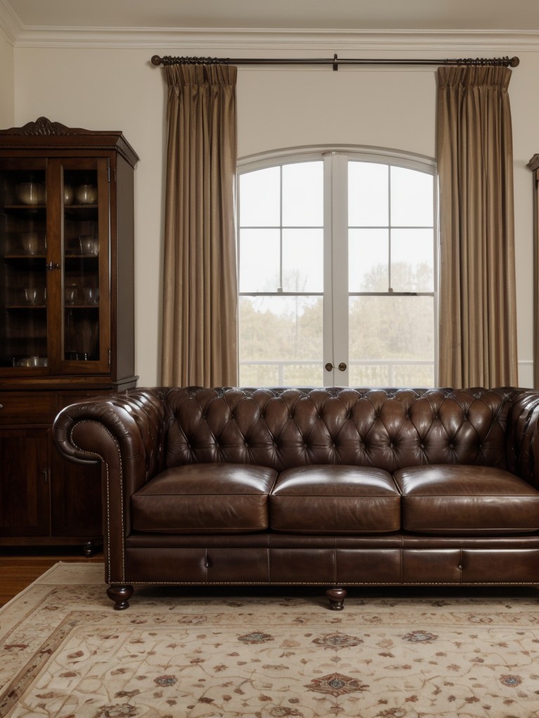 Sophisticated gentleman's lounge with a statement leather Chesterfield sofa, luxurious drapes, and an antique desk.
