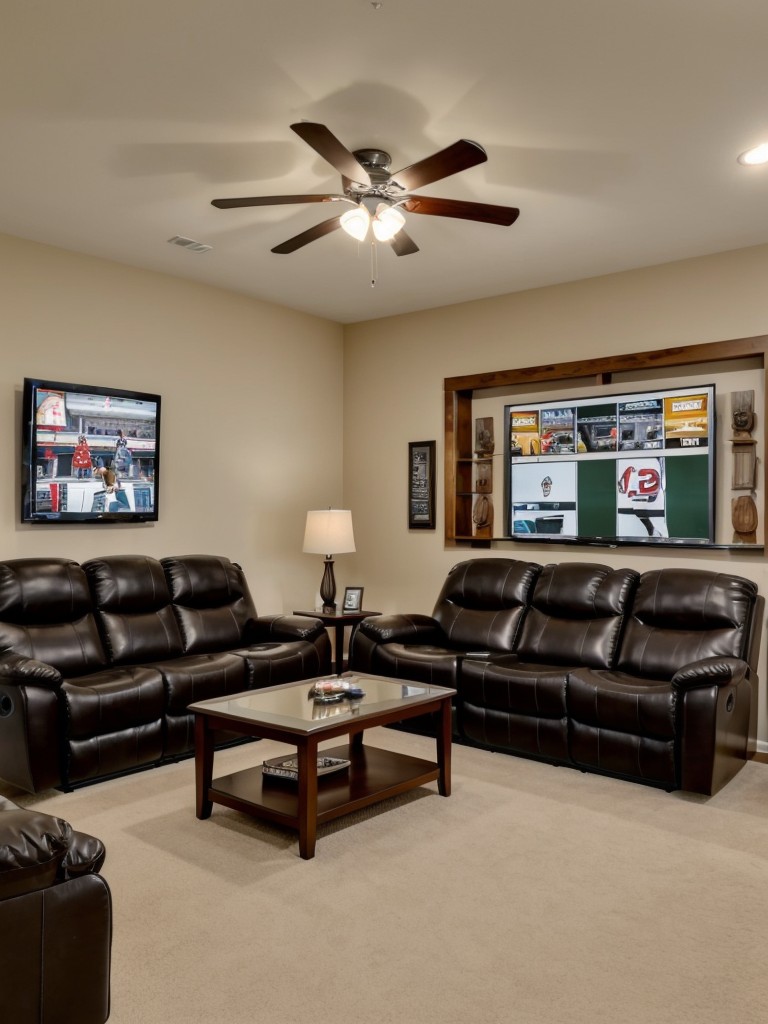 Sports-themed living room with jerseys framed on the wall, a large flat-screen TV for game nights, and comfortable recliners.