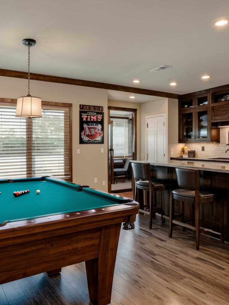 Sporty man cave with a pool table, mini bar, and personalized sports memorabilia on display.