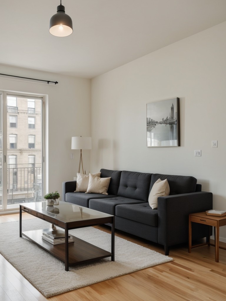 Stylish studio apartment with multi-functional furniture, space-saving solutions, and a curated collection of art for a chic and compact living space.