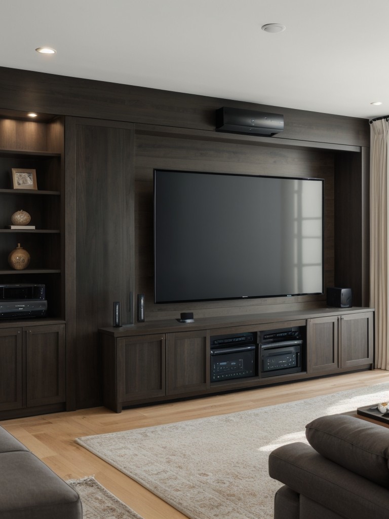 Tech-driven living room with a home theater system, surround sound, and style meets functionality with built-in charging ports and wireless charging pads.