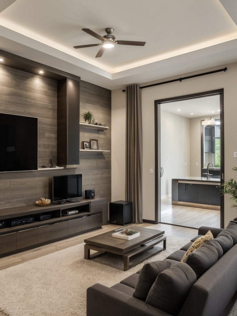 Tech-savvy living room with a built-in entertainment system, smart home automation, and ambient LED lighting.