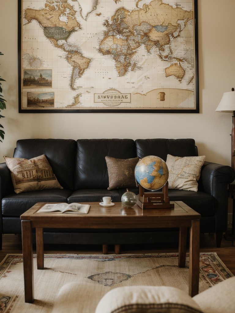 Travel-inspired living room with vintage maps, globes, and souvenirs from around the world for a wanderlust theme.