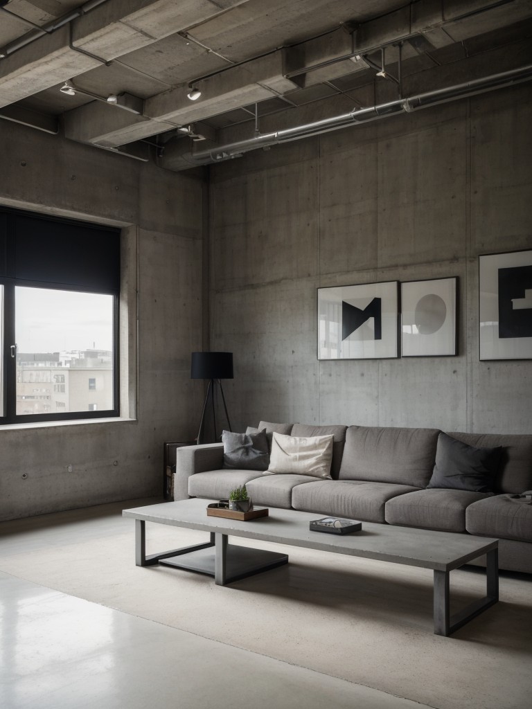 Urban loft-style living room with exposed ductwork, concrete walls, and contemporary artwork for an edgy aesthetic.