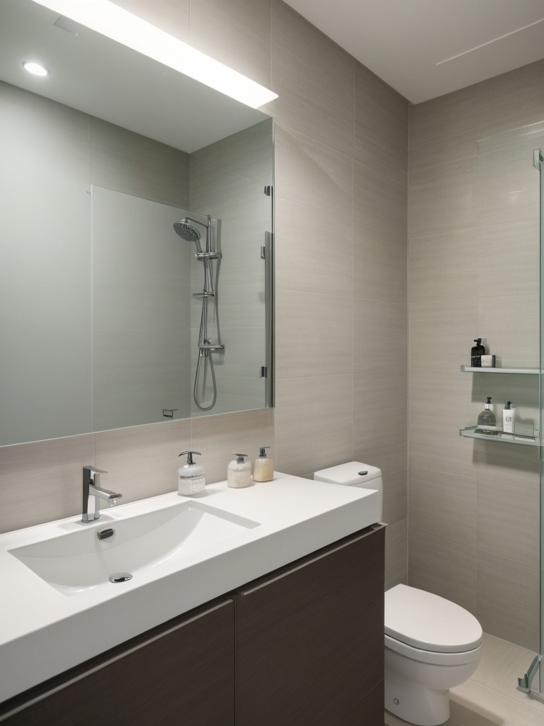 Achieve a modern and sleek feel in your apartment bathroom by incorporating minimalist fixtures like a wall-mounted vanity, LED lighting, and a frameless glass shower enclosure.