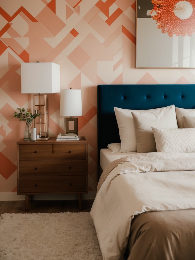 Add a vibrant touch to your apartment bedroom by incorporating an eye-catching accent wall in a bold color or with a geometric pattern, complemented by neutral-tone bedding and furniture.