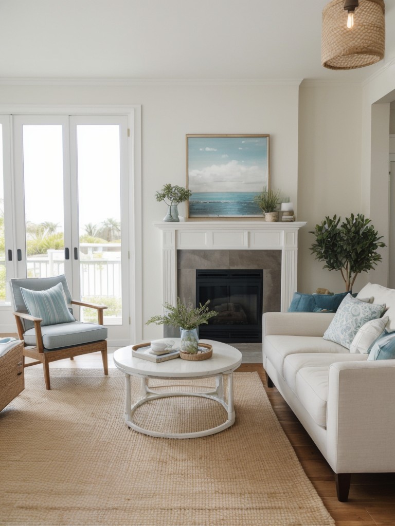 Create a breezy and refreshing atmosphere in your apartment living room with coastal-inspired design elements, such as a striped rug, shell-shaped accessories, and a whitewashed coffee table.