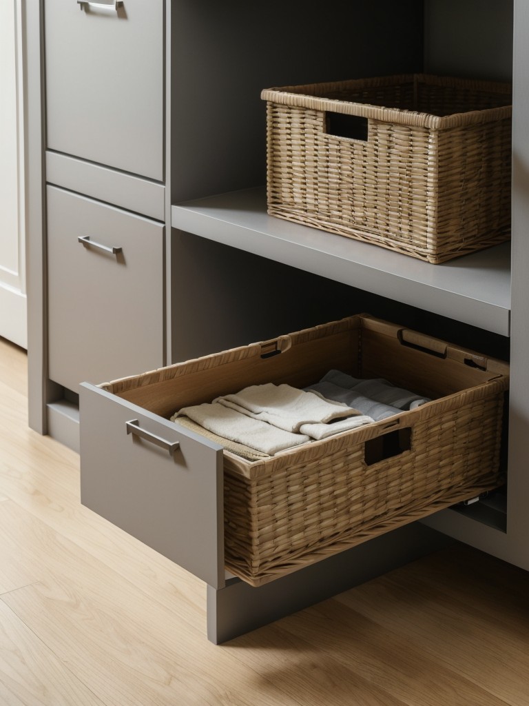Create a clutter-free living space in your minimalist apartment by utilizing hidden storage options like hidden drawers, collapsible baskets, and furniture with hidden compartments.