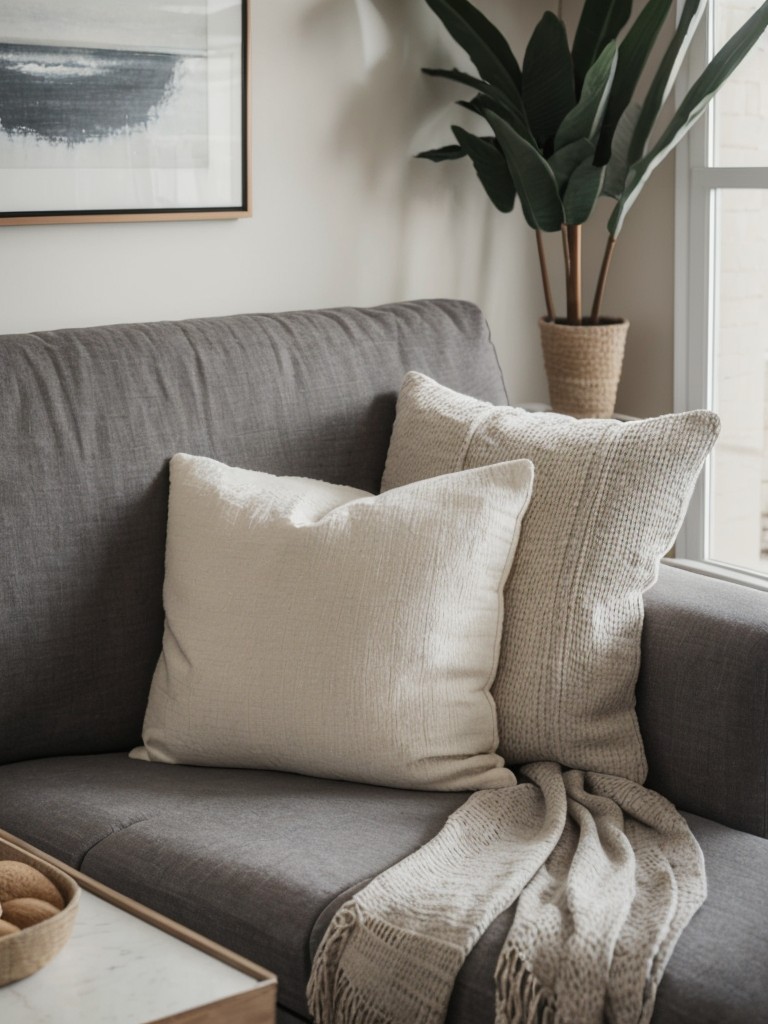 Create a cozy and inviting atmosphere in your apartment living room with a grey couch as the focal point, complemented by soft throws and textured cushions.