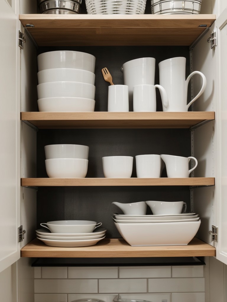 Create an illusion of more space in your small apartment kitchen by installing open shelving, allowing you to showcase your stylish dishware and decorative items while maximizing storage.