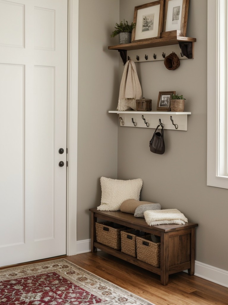 Create an inviting entryway in your apartment by adding a cozy rug, stylish wall hooks for hanging coats, and a floating shelf for displaying decorative items.