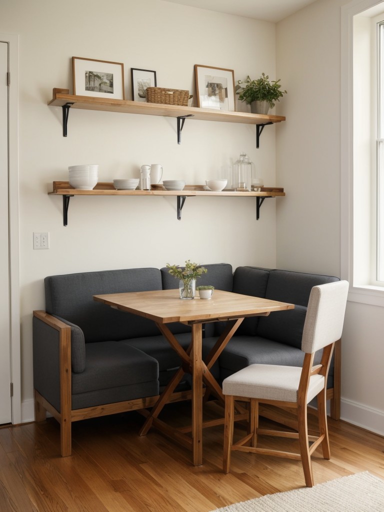 Create a space-saving dining area in your small apartment by using folding tables, wall-mounted shelves, and versatile seating options like ottomans that can double as extra seats.