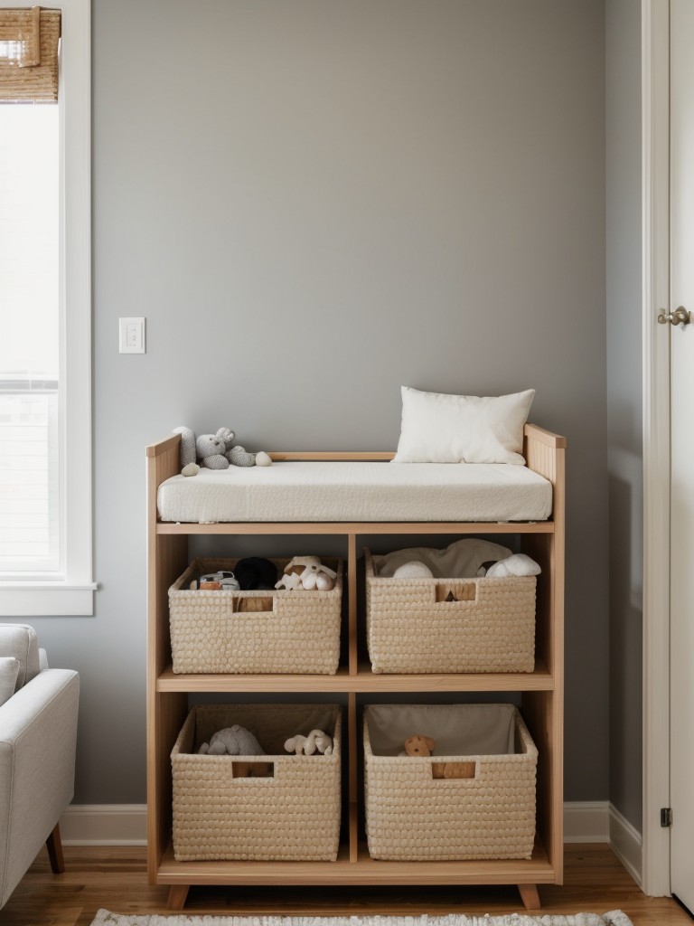 Create a stylish and functional nursery in your small apartment by incorporating multipurpose furniture, like a storage ottoman that can double as a seating area and toy storage.