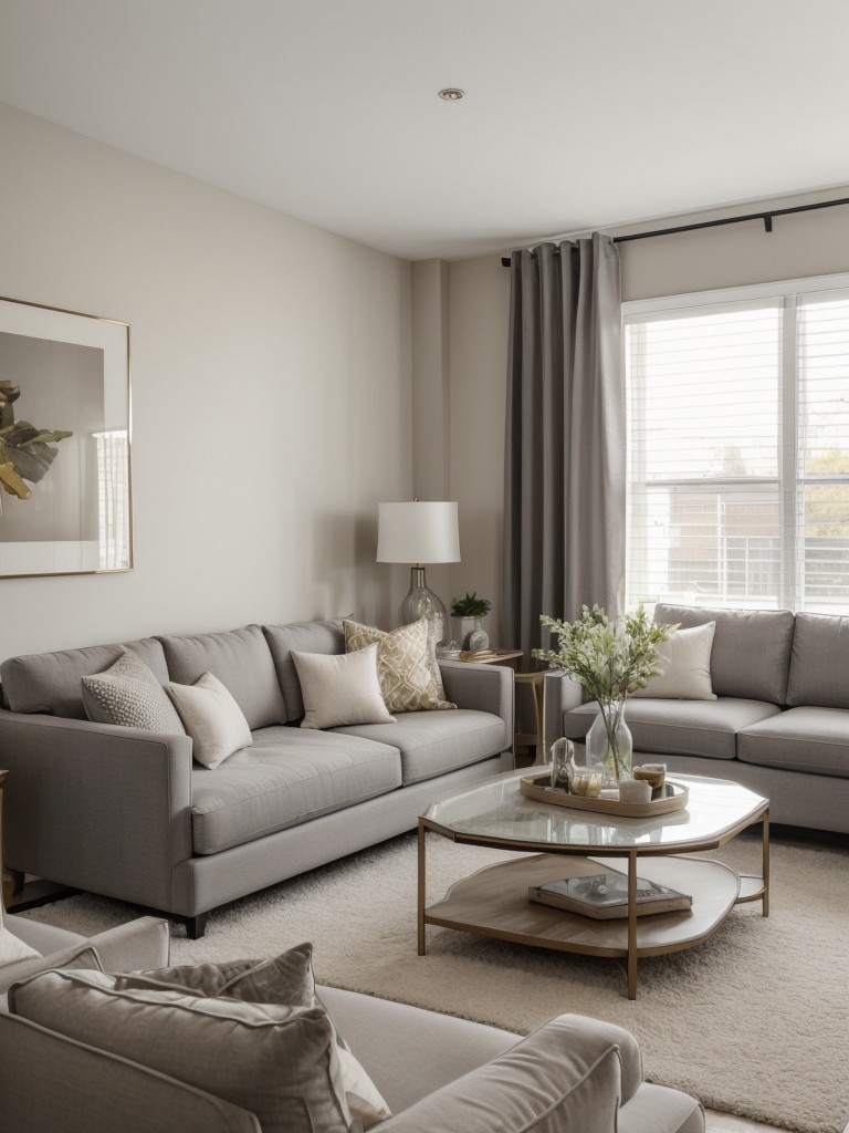 Elegant apartment living room with a grey couch, featuring a mix of neutral and vibrant accent colors through pillows and accessories.