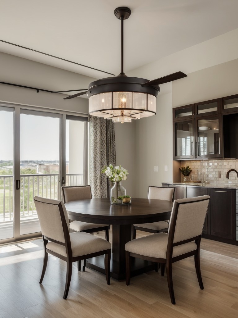 Elevate the style of your apartment dining room with a statement lighting fixture, such as a chandelier, pendant lights, or a modern ceiling fan that adds both functionality and visual interest.