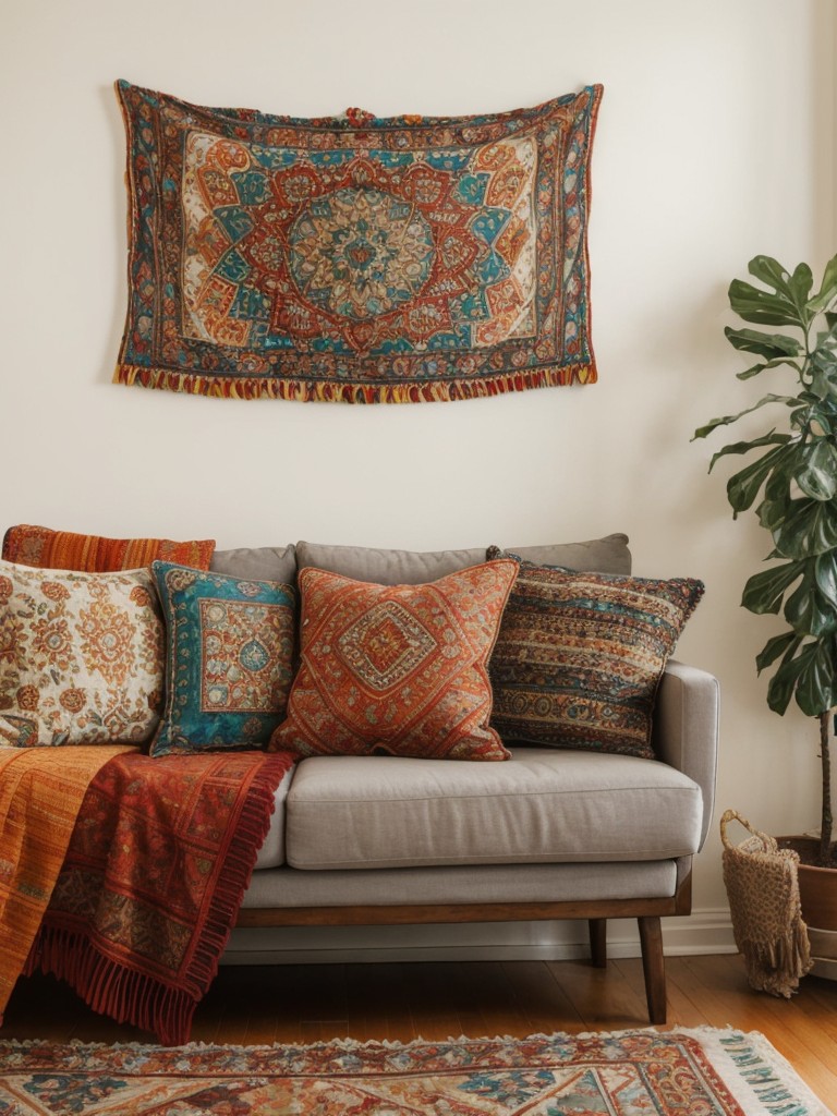 Embrace a bohemian aesthetic in your apartment by creating a vibrant color palette through decorative pillows, tapestries, and unique art pieces, adding warmth and personality to the space.