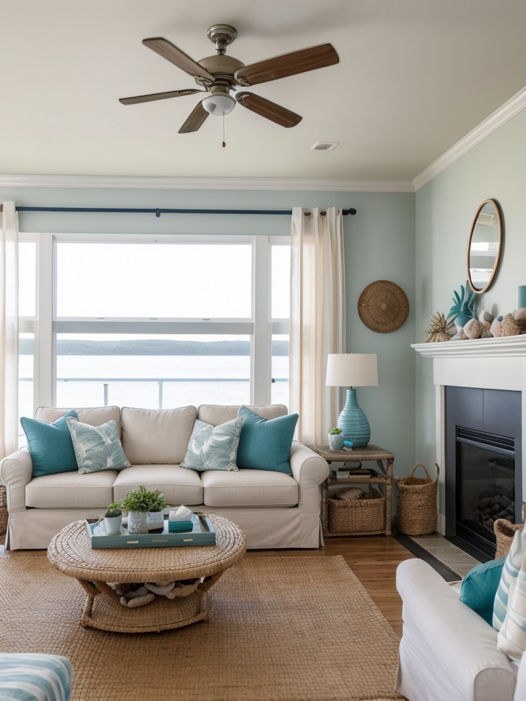 Embrace the tranquility of coastal living in your apartment's living room with a light color palette, nautical accents, and natural elements like driftwood and seashells.