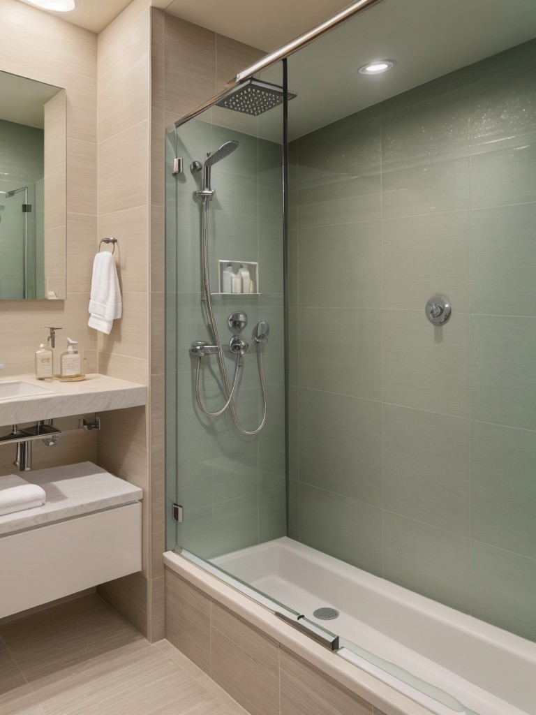 Indulge in a spa-like experience within your apartment bathroom by incorporating calming colors, soothing lighting, and luxurious amenities like a rain shower head.