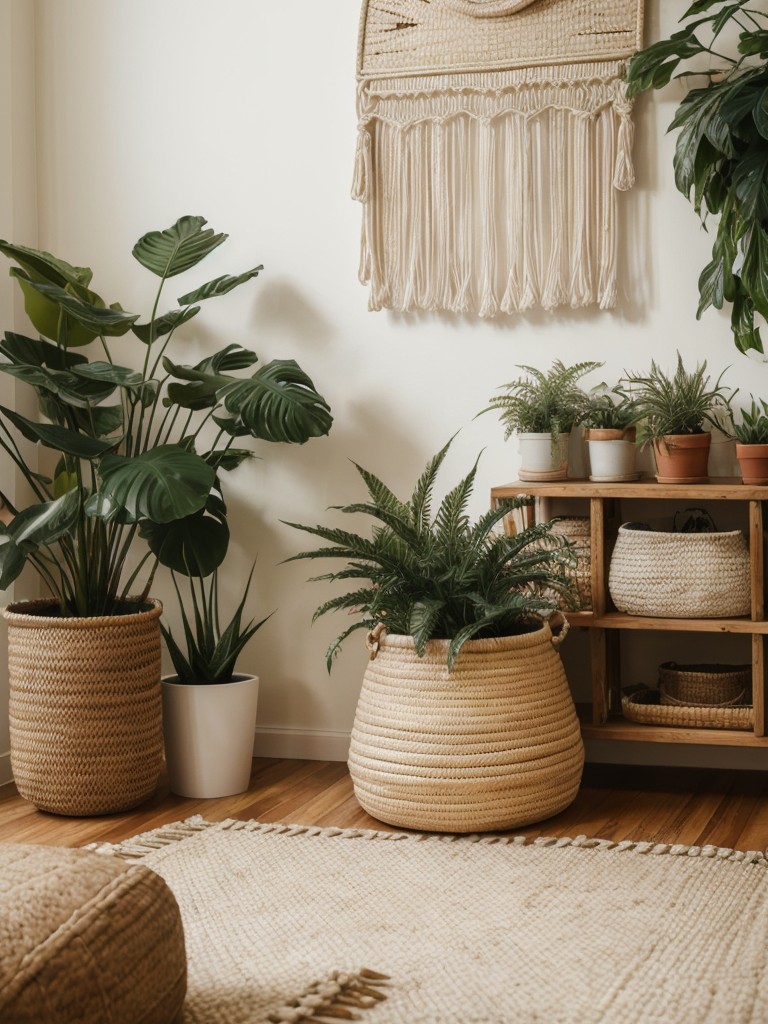 Infuse your apartment with a bohemian vibe by incorporating natural textures like macrame, wicker baskets, and plants, creating a cozy and eclectic atmosphere.