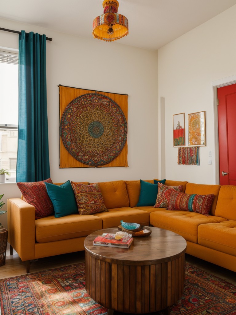 Infuse your apartment with vibrant energy by using a bold and eclectic color palette in your bohemian decor, incorporating rich hues, intricate patterns, and global-inspired textiles.