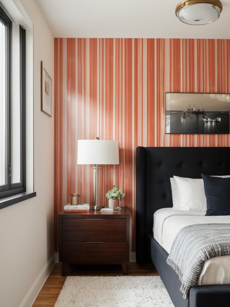 Make a bold statement in your apartment bedroom with an accent wall featuring vibrant wallpaper, creating a focal point that adds personality and character to the space.