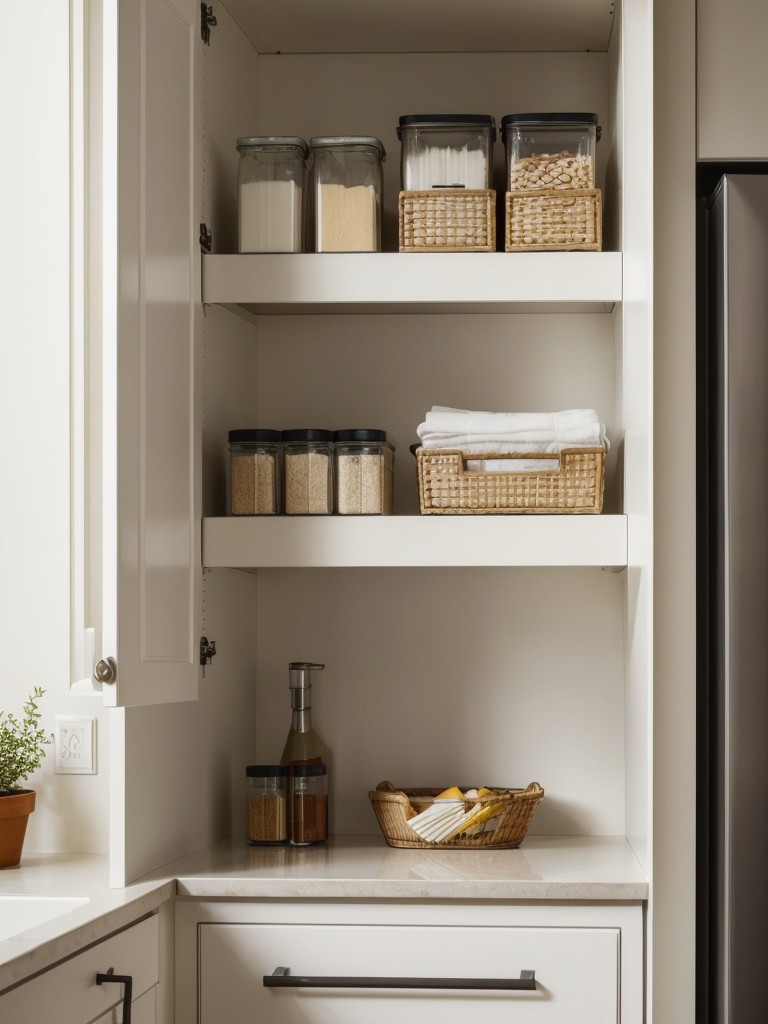 Make your small apartment kitchen feel more open and airy by replacing upper cabinetry with open shelving, providing easy access to daily essentials and adding an aesthetic focal point.
