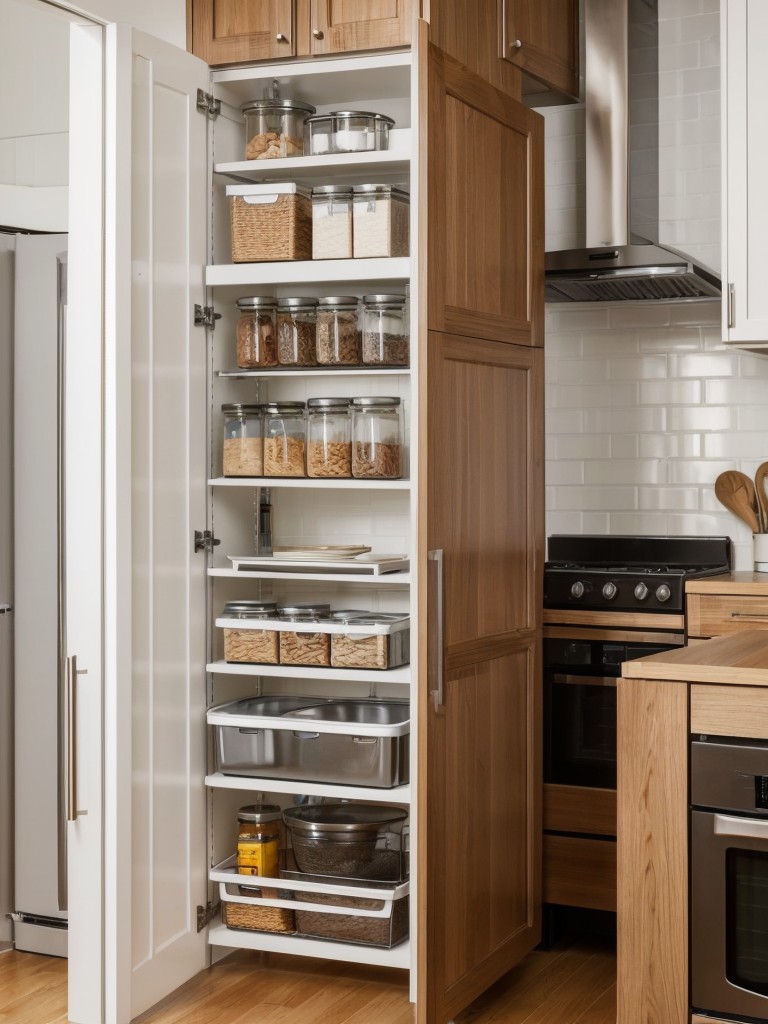 Maximize the available space in your small apartment kitchen by utilizing smart storage solutions like pull-out cabinets, overhead racks, and hidden shelving.