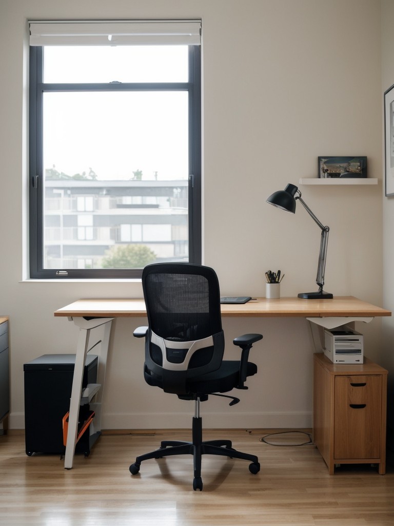 Set up a functional and ergonomic home office in your apartment by investing in an adjustable desk, supportive chair, and organizing accessories like cable management solutions.