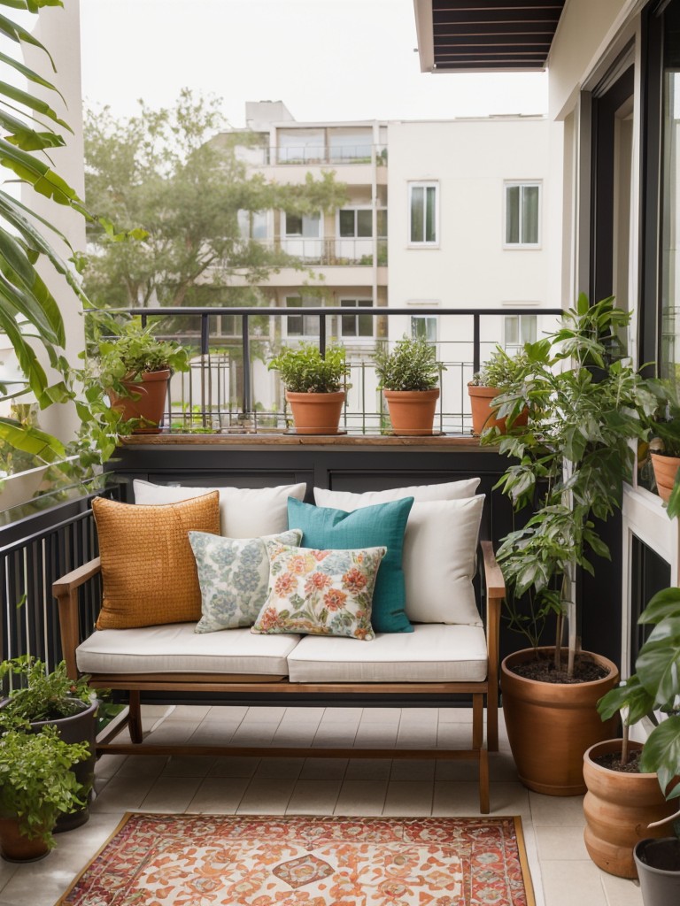 Transform your apartment balcony into a private retreat by utilizing outdoor rugs, vibrant cushions, and hanging plants to create a refreshing and inviting space.