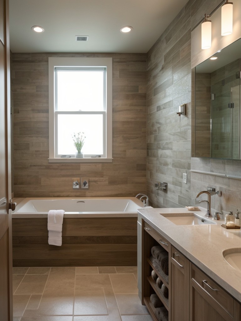 Transform your apartment bathroom into a personal oasis with spa-inspired design elements such as pebble stone flooring, wooden accents, and scented candles.