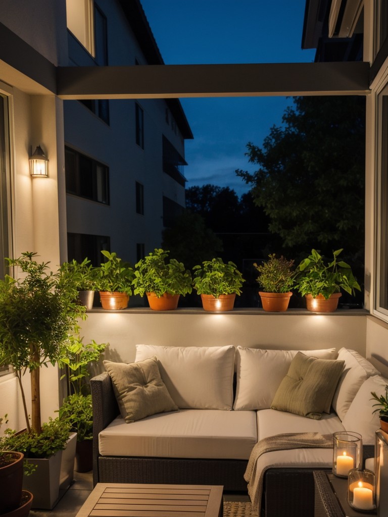 Turn your apartment balcony into a serene outdoor oasis by adding comfortable seating, potted plants, and ambient lighting for a cozy and relaxing atmosphere.