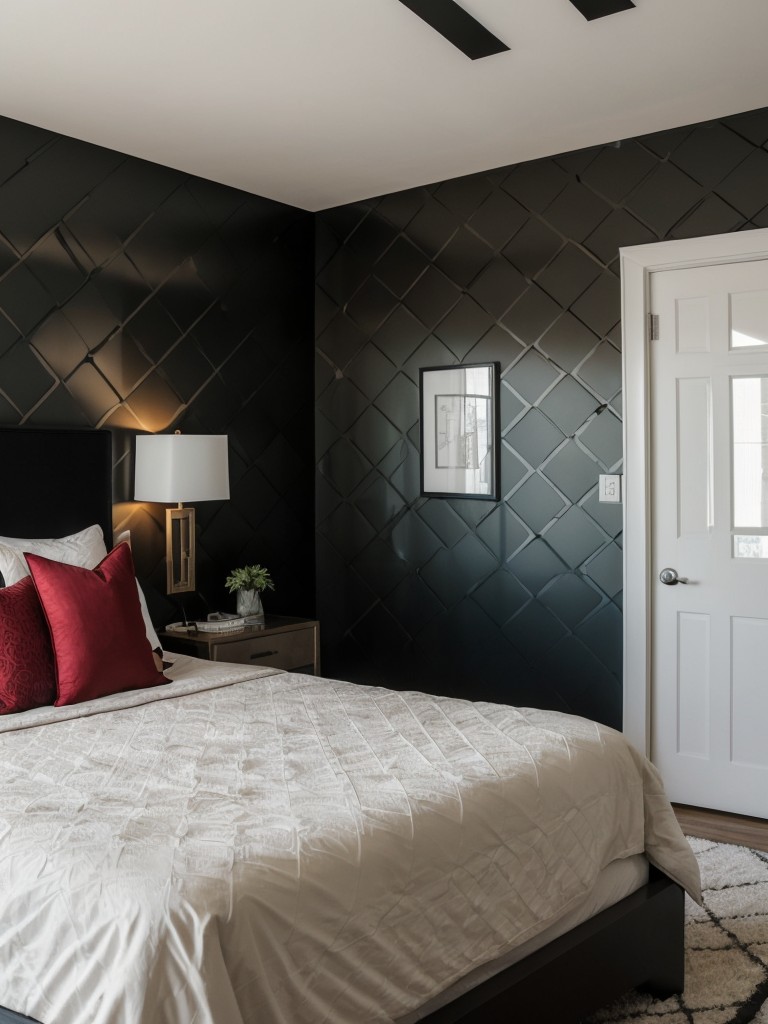 Add drama and personality to your apartment bedroom by incorporating a bold accent wall, utilizing a contrasting color or eye-catching wallpaper that complements the overall modern design aesthetic.