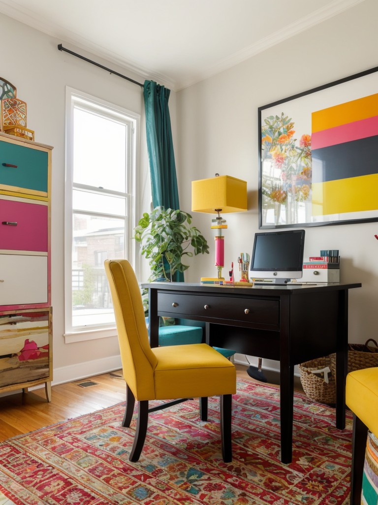 Add a touch of vibrancy and personality to your apartment's home office with an eclectic mix of furniture, vibrant colors, and quirky accessories.