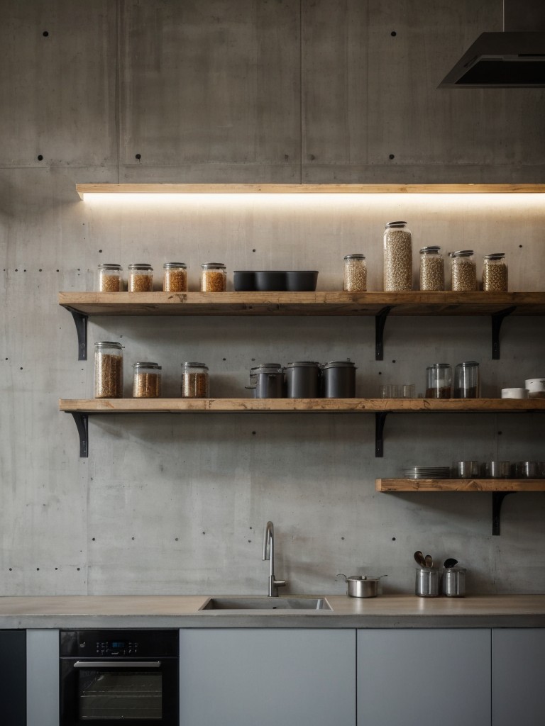 Add an urban touch to your apartment kitchen by showcasing exposed concrete walls, incorporating open shelving, and utilizing a mix of modern and industrial elements to create a chic and contemporary space.