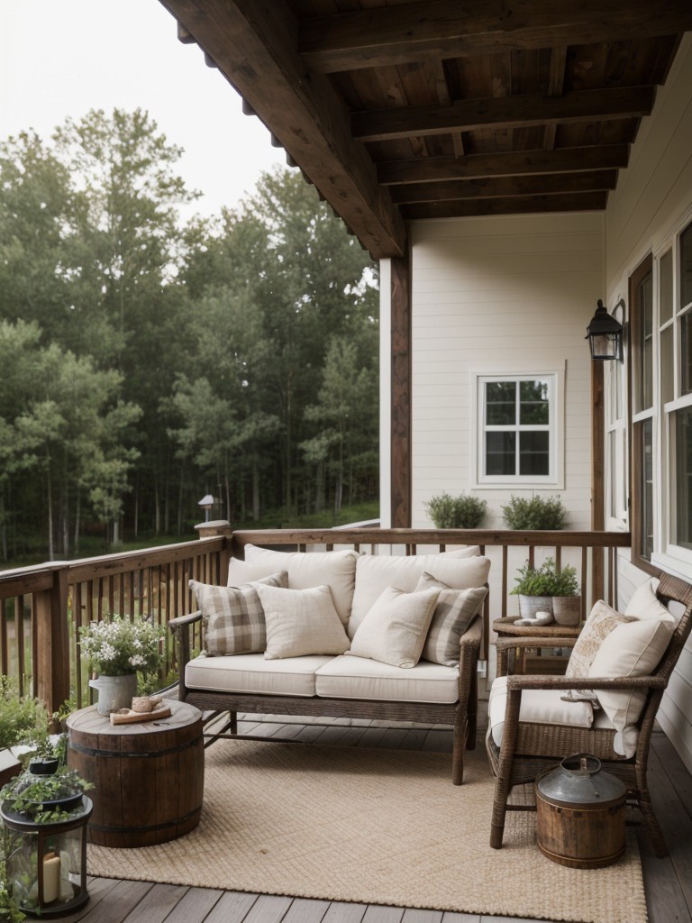 Bring the cozy charm of farmhouse style to your apartment patio with rustic furniture, a cozy seating area, and textured materials.