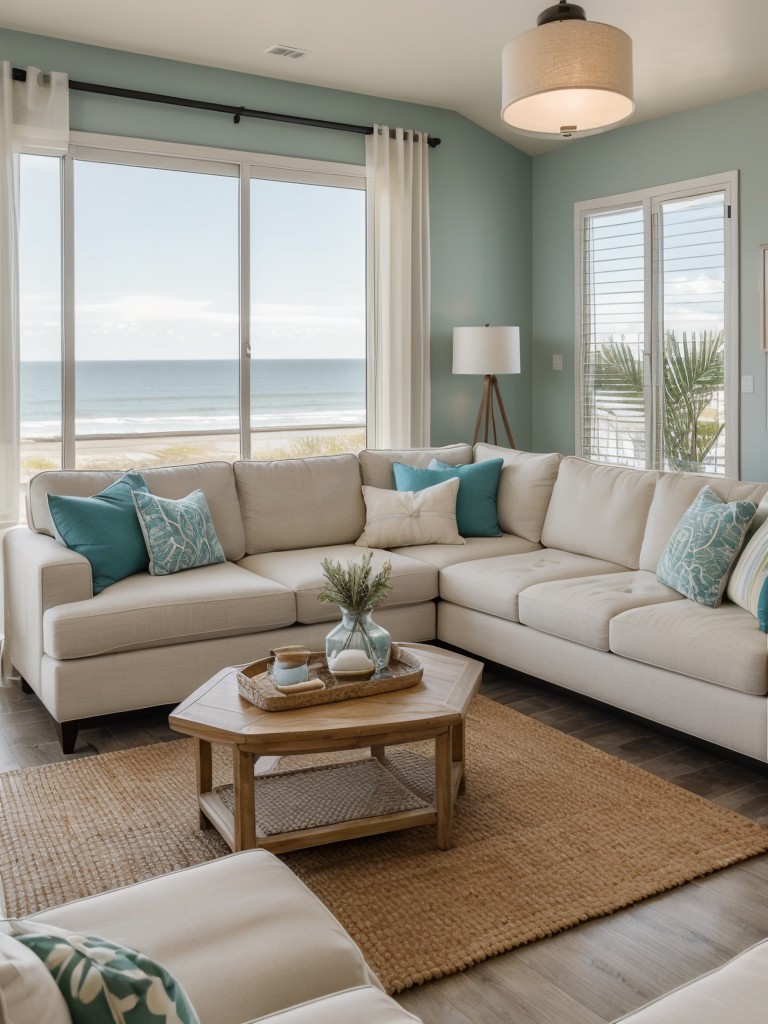 Bring the serene vibes of the coast to your apartment living room with beach-inspired colors, natural textures, and coastal-themed accessories for a relaxed and inviting atmosphere.