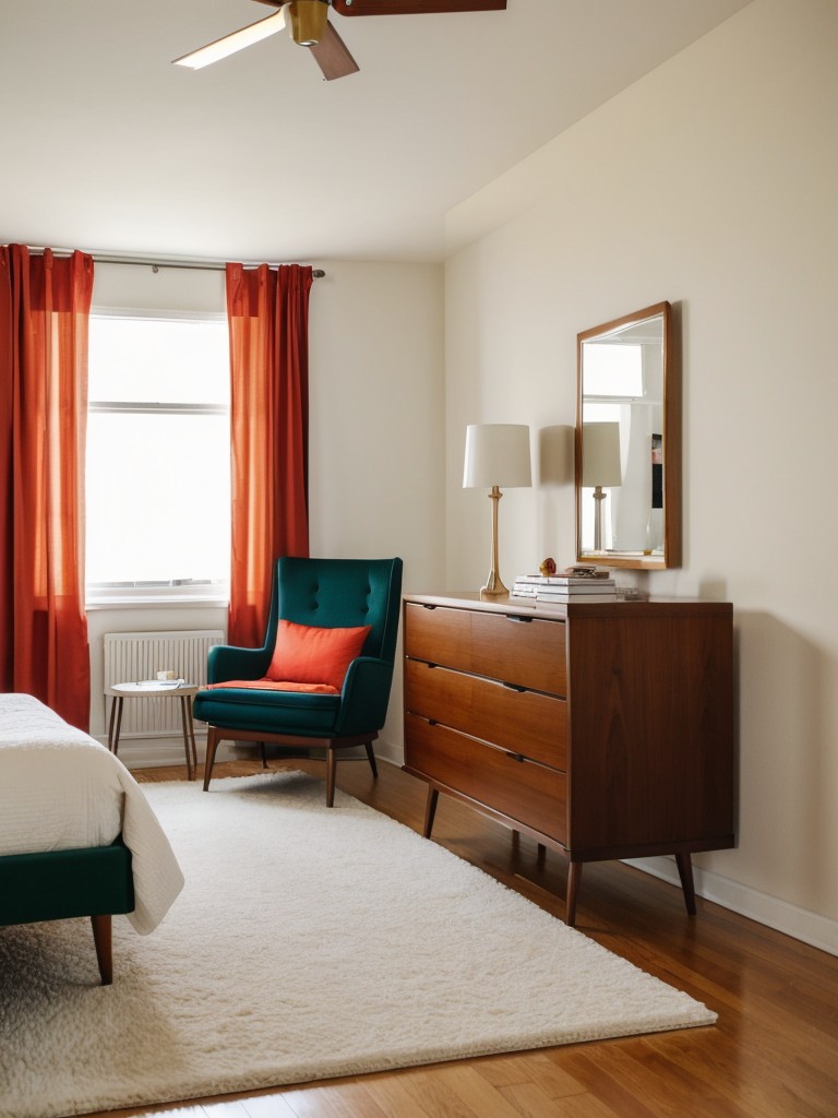 Channel the stylish aesthetics of the mid-century era in your apartment bedroom by incorporating retro furniture pieces, sleek lines, and bold color combinations.